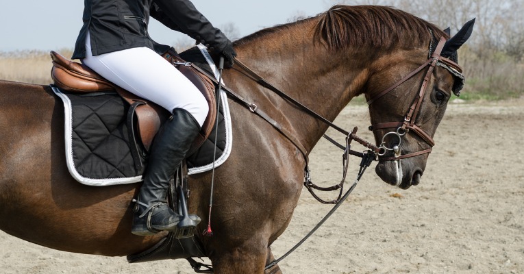 photo d'une cavalière durant une épreuve d'équitation de dressage qui souffre du genou et présente un syndrome rotulien